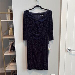 Tahari Blue Velvet Cowl Neck Ruched Sheath Dress